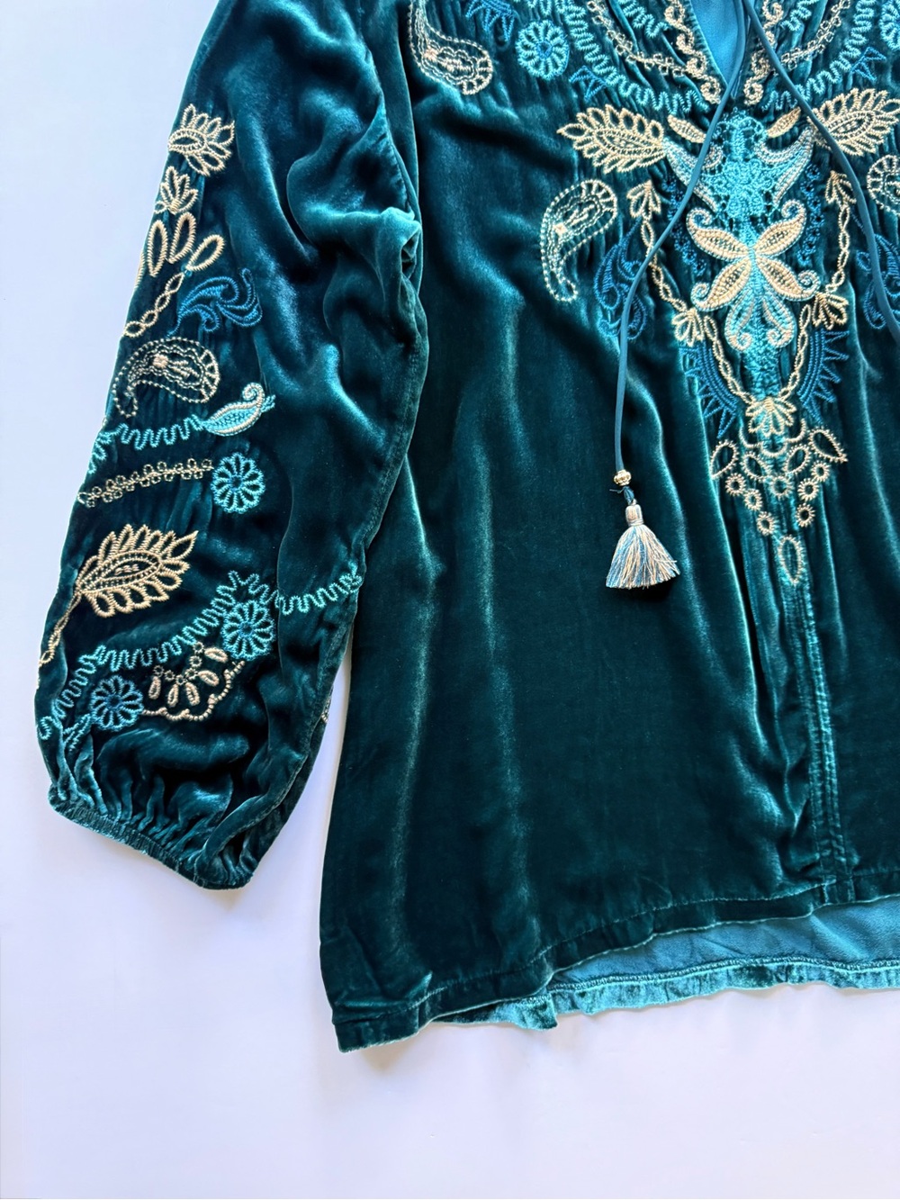 Johnny Was Shira Velvet Field Blouse Peacock Teal Blue Green L $348 - Picture 7 of 15